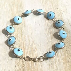 GENUINE STERLING SILVER 925 & GLASS SKY BLUE EVIL EYE PROTECTION BRACELET 7.5"